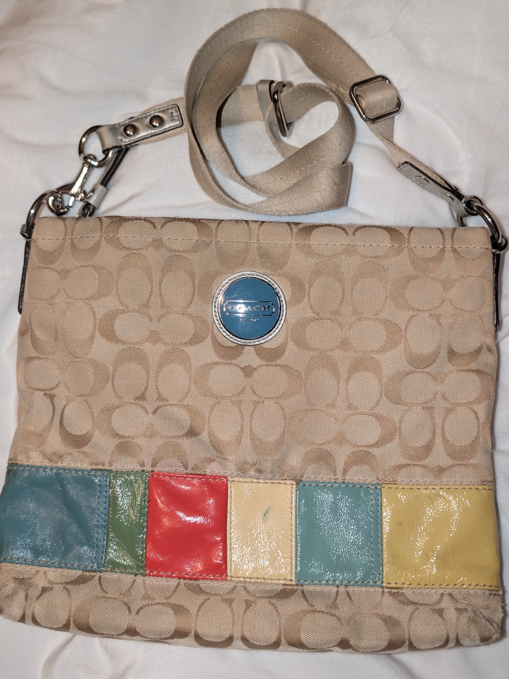 Coach F17441 Khaki Color Block Stripe Crossbody Shoulder Handbag Purse Fair
